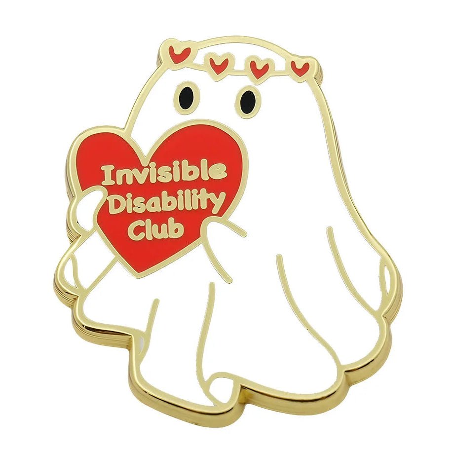 Pin with a cartoon character holding a red heart that says 'Invisible Disability Club' on a white background.
