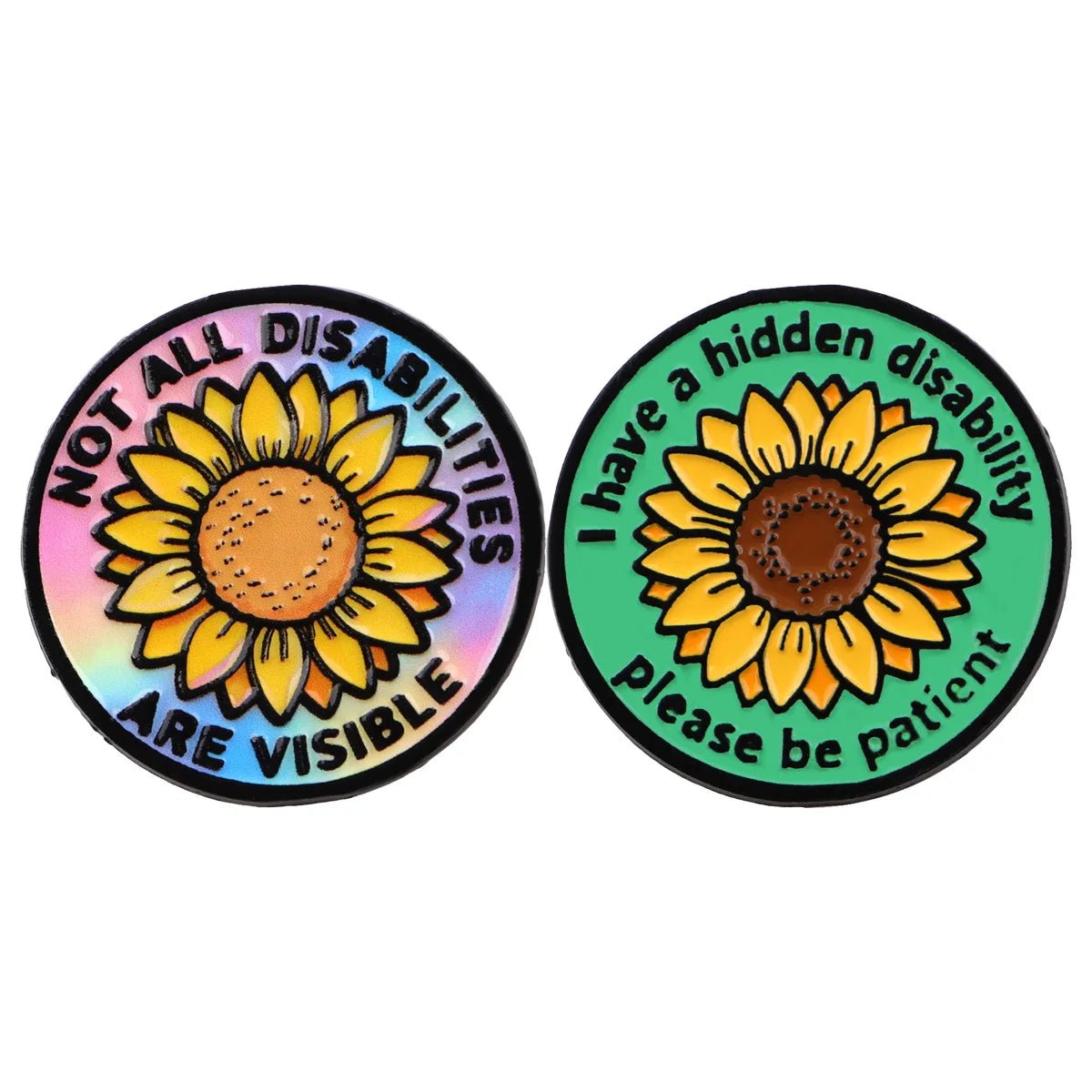 Two circular badges with sunflower designs and text about hidden disabilities 