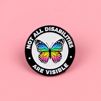 Button badge with butterfly illustration and text 'Not all disabilities are visible' 