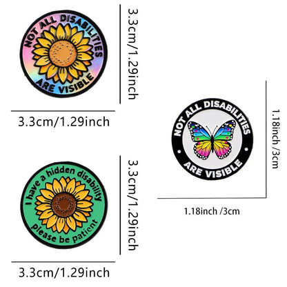 Circular badges with sunflower and butterfly designs, labeled 'Not All Disabilities Are Visible', I have a hidden disability please be patient