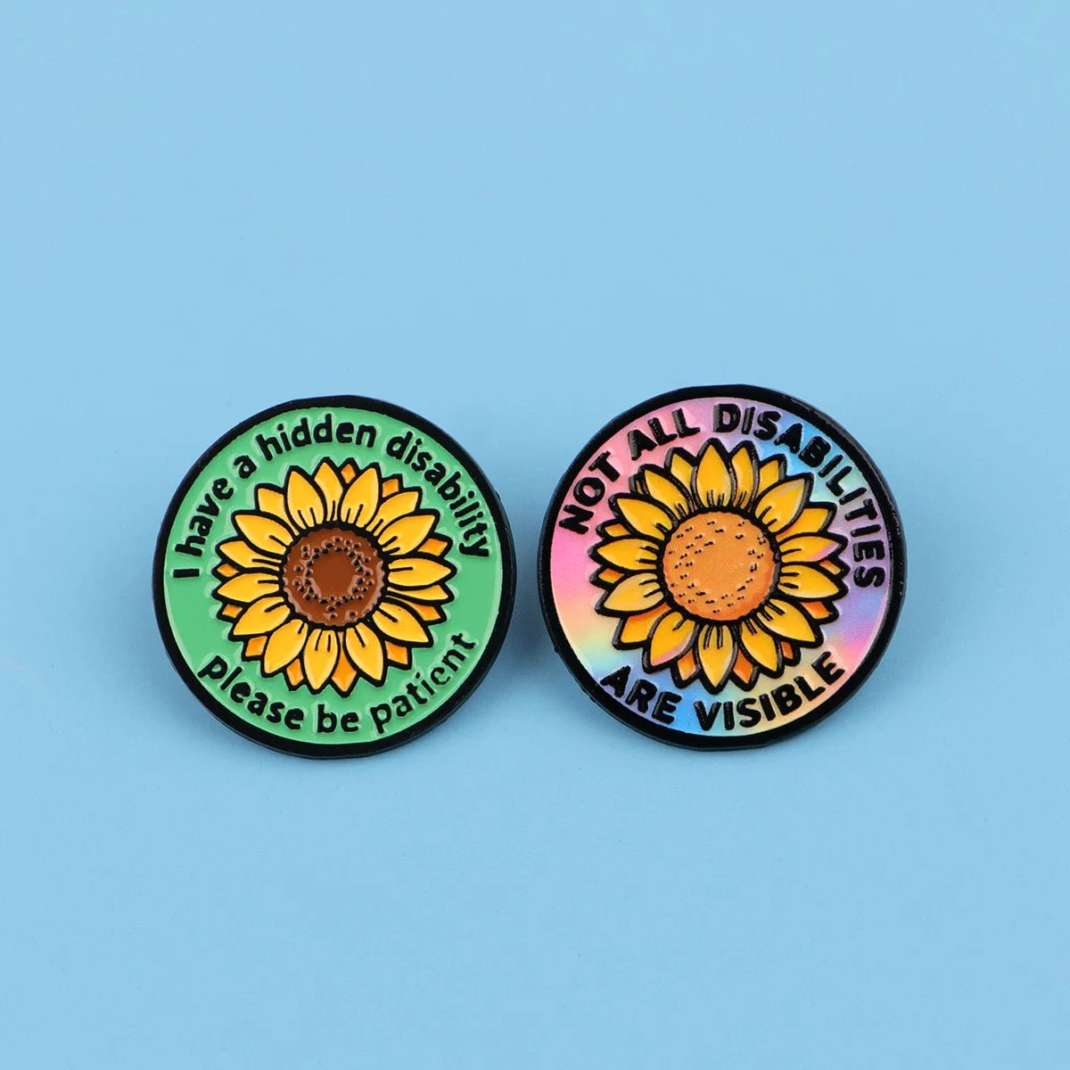 Two pins with sunflower designs for Hidden Disability, invisible illness