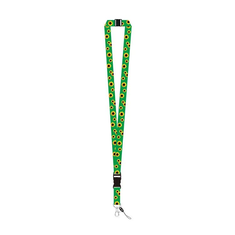 A green lanyard strap with a repeating Invisible Disability sunflower print, featuring black plastic buckles and a silver metal carabiner clip at the bottom
