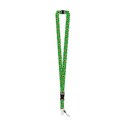A green lanyard strap with a repeating Invisible Disability sunflower print, featuring black plastic buckles and a silver metal carabiner clip at the bottom