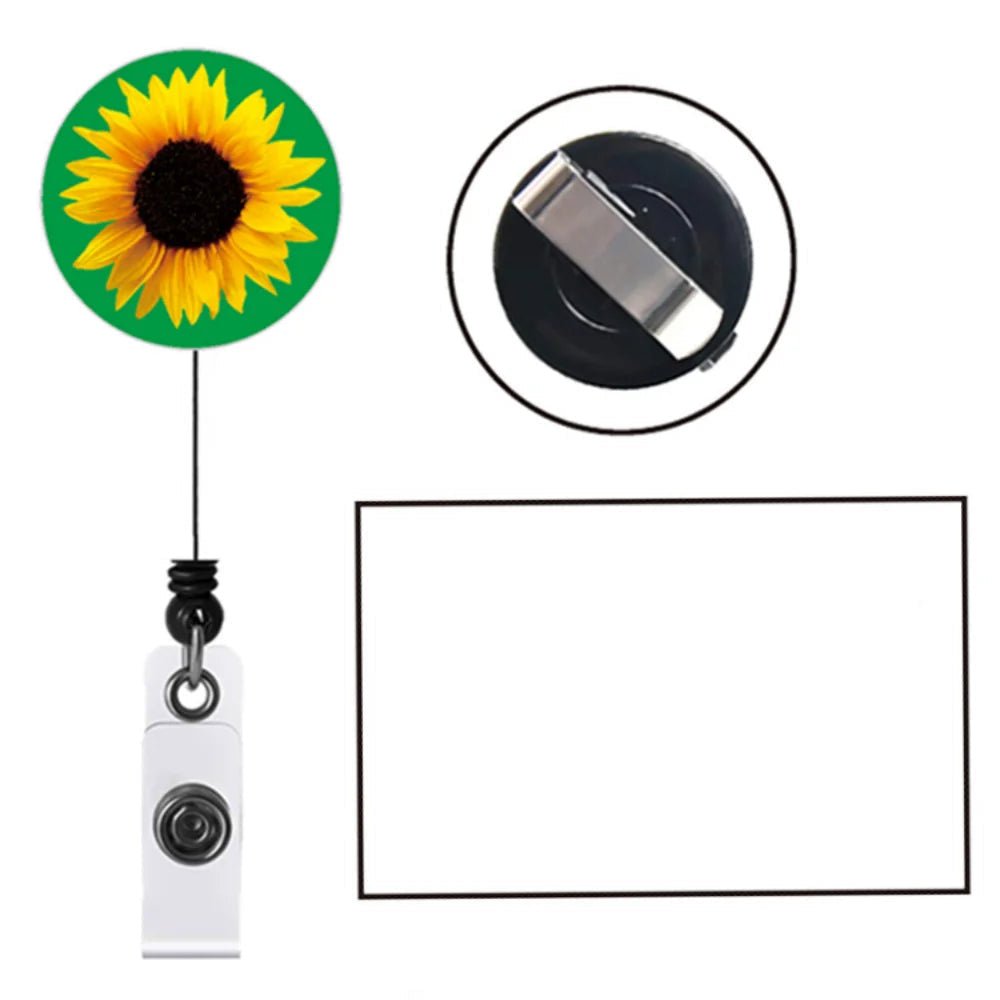 A retractable badge reel with Invisible Disability sunflower, shown with a close-up of the clip mechanism