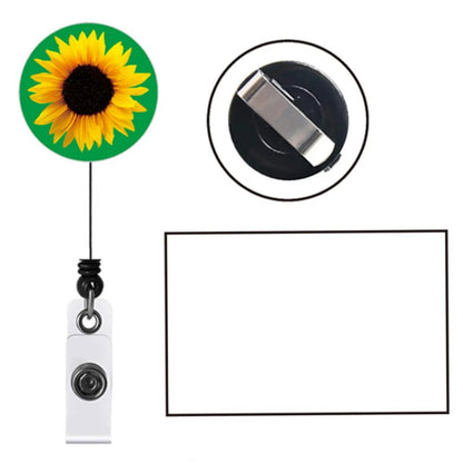 A retractable badge reel with Invisible Disability sunflower, shown with a close-up of the clip mechanism