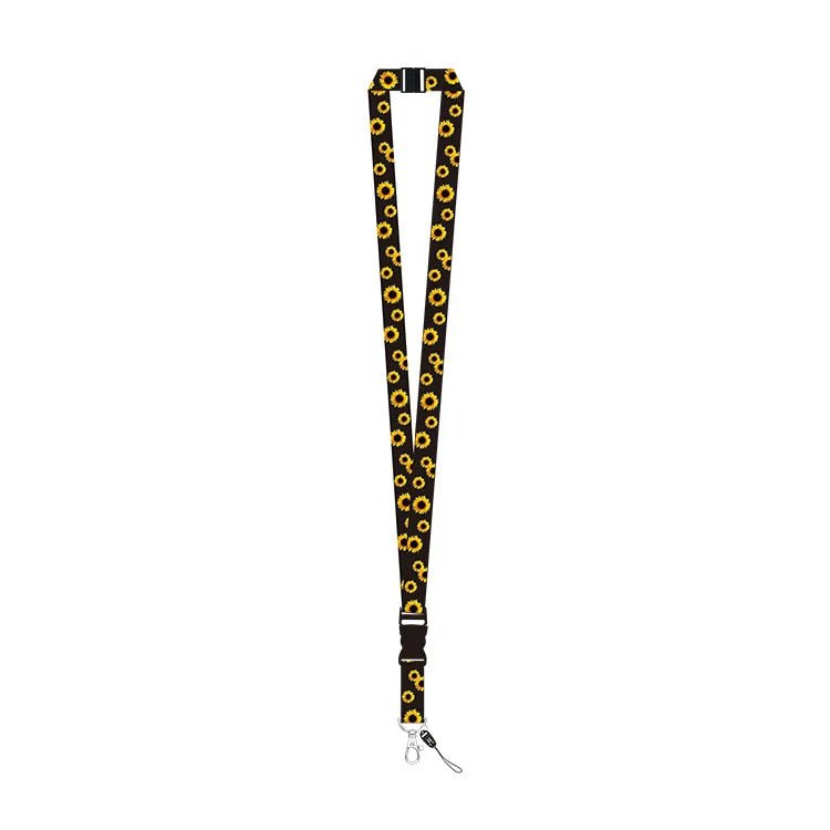 A black lanyard with Invisible Disability sunflower print