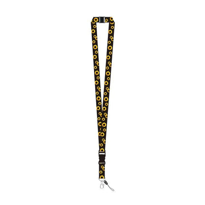 A black lanyard with Invisible Disability sunflower print