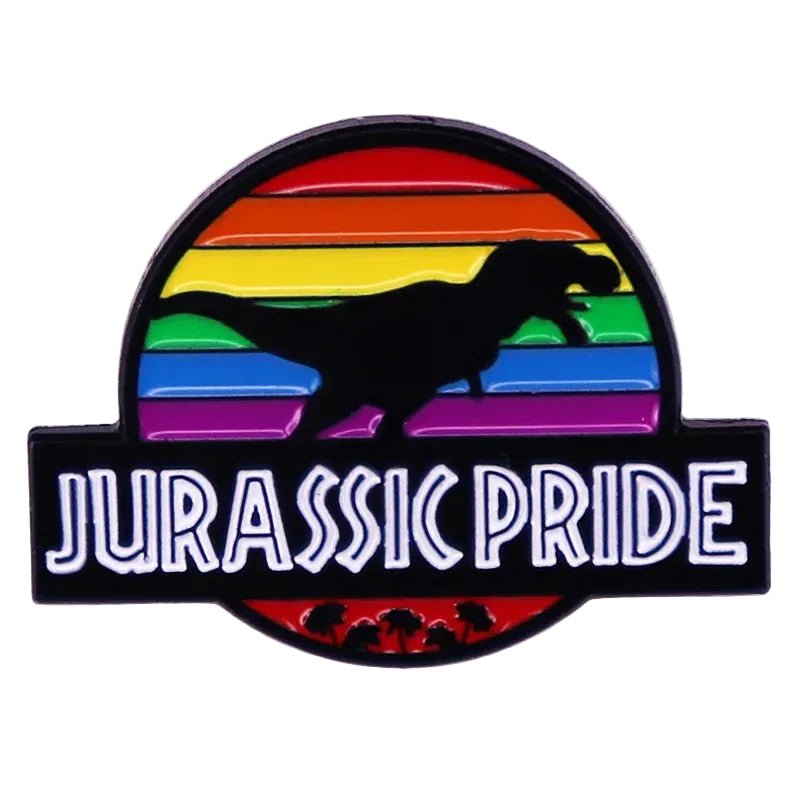 Jurassic Pride enamel pin with rainbow pride flag and dinosaur