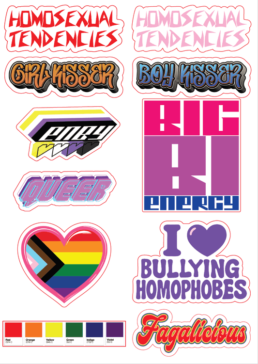 Collection of colorful pride stickers with various text designs on a white background.