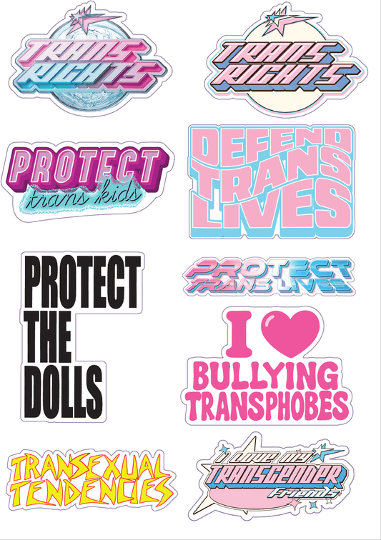 Collection of stickers with various messages related to transgender rights on a white background.