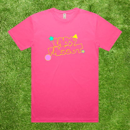 A bright pink short-sleeve t-shirt with a colorful retro-style graphic reading 'LADY FAGGOT' in yellow outline letters with stars and circles