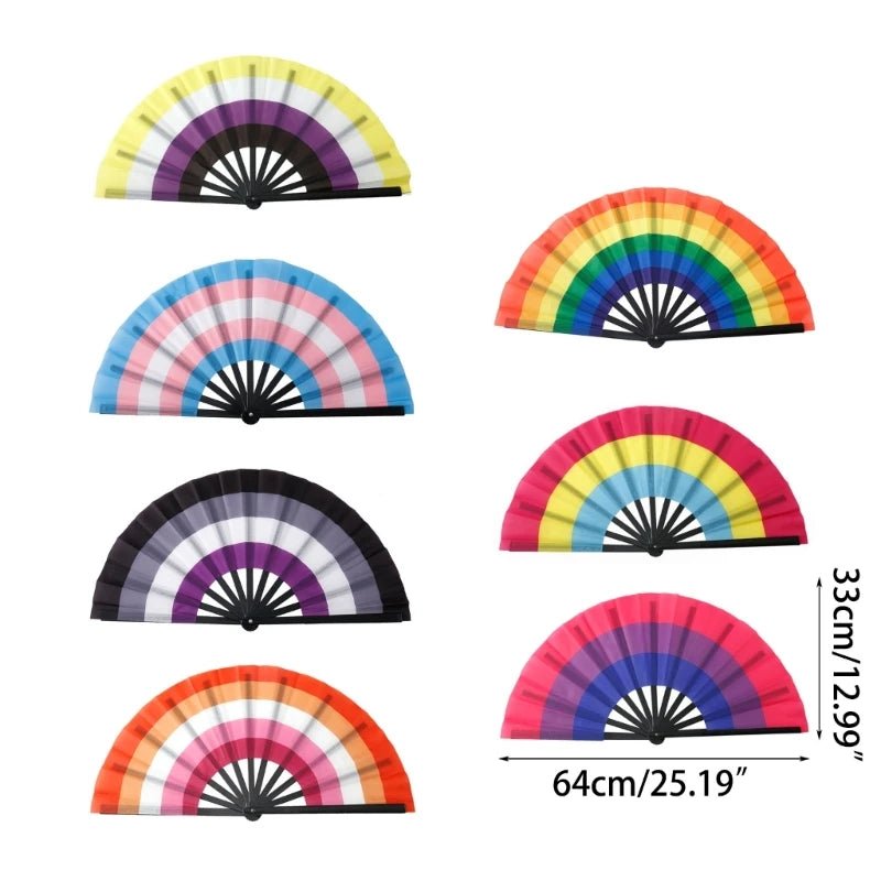 An image features eight Large Folding Fans from Gay Skate, each representing different multicolored pride patterns. The fans are arranged in two vertical columns of four. The colors range from pastel hues to vibrant rainbow spectrums, with each fan displaying a unique color combination reminiscent of Rainbow, Lesbian, Bi, Trans, Non-binary, Pansexual, and Asexual pride flags.