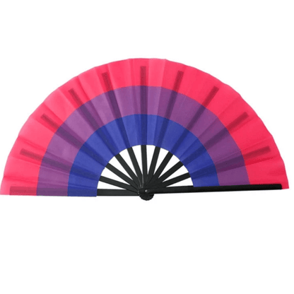 An image features Very Large Folding Persinal Fans from Gay Skate, each representing different pride flag identities. The colors are vibrant rainbow spectrums, with each fan displaying a unique design reflecting the Rainbow, Lesbian, Bi, Trans, Non-binary, Pansexual, and Asexual pride flags.  Drag queen fans