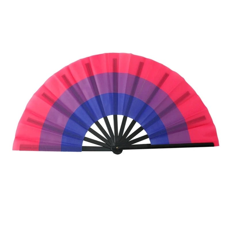 An image features eight Large Folding Fans from Gay Skate, each representing different multicolored pride patterns. The fans are arranged in two vertical columns of four. The colors range from pastel hues to vibrant rainbow spectrums, with each fan displaying a unique color combination reminiscent of Rainbow, Lesbian, Bi, Trans, Non-binary, Pansexual, and Asexual pride flags.