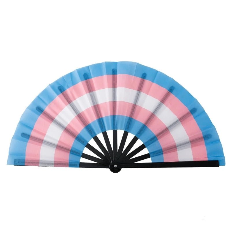 An image features eight Large Folding Fans from Gay Skate, each representing different multicolored pride patterns. The fans are arranged in two vertical columns of four. The colors range from pastel hues to vibrant rainbow spectrums, with each fan displaying a unique color combination reminiscent of Rainbow, Lesbian, Bi, Trans, Non-binary, Pansexual, and Asexual pride flags.