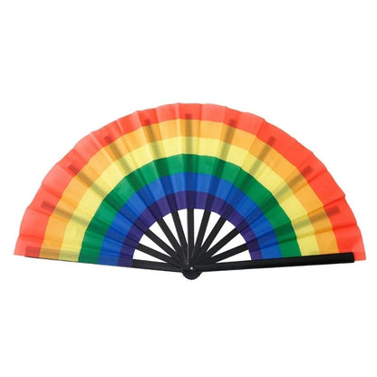 An image features eight Large Folding Fans from Gay Skate, each representing different multicolored pride patterns. The fans are arranged in two vertical columns of four. The colors range from pastel hues to vibrant rainbow spectrums, with each fan displaying a unique color combination reminiscent of Rainbow, Lesbian, Bi, Trans, Non-binary, Pansexual, and Asexual pride flags.