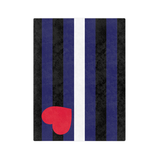 The "Leather Pride Flag - Velveteen Microfiber Blanket" by Printify showcases a pride flag design with black and blue vertical stripes, a central white stripe, and a red heart in the bottom left. This super-soft fleece blanket is perfect for cozy moments and bold expressions of identity.