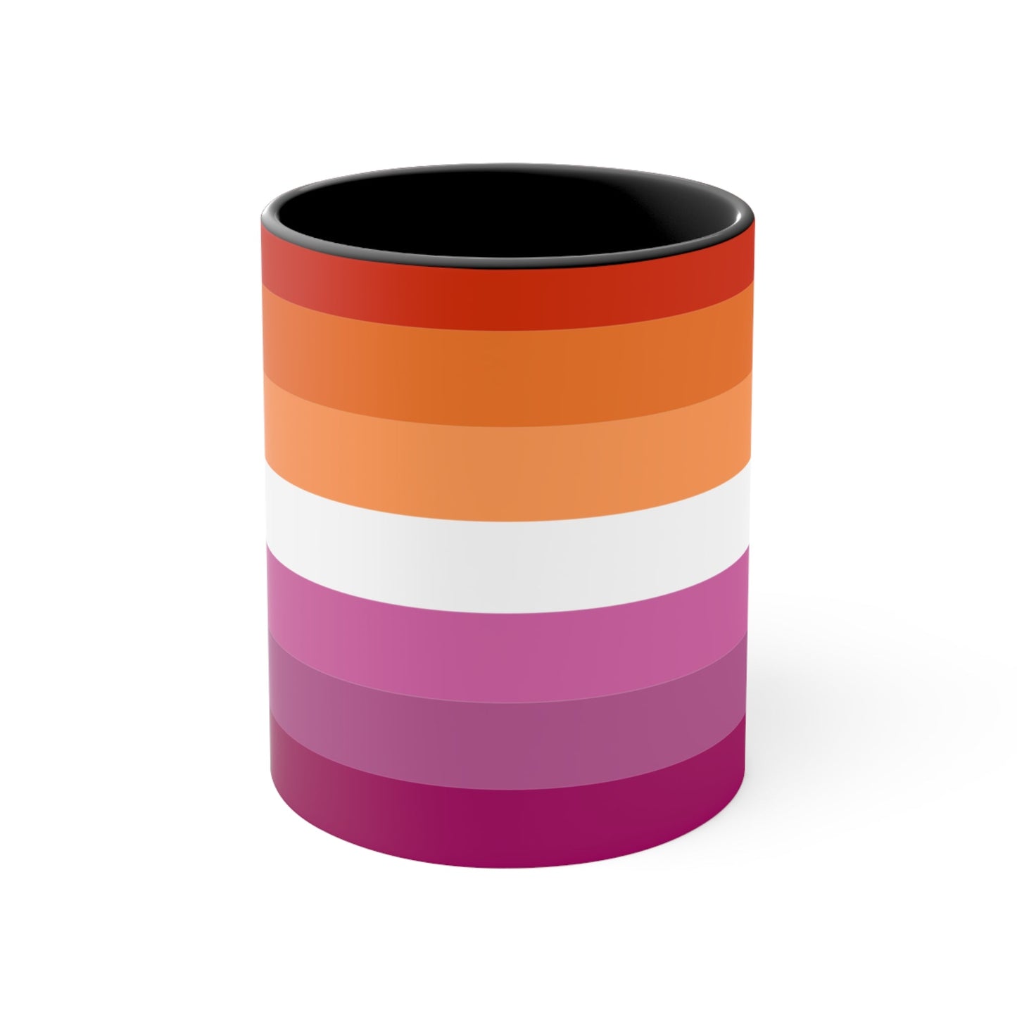 The Lesbian pride flag colorful accent mug by Printify features a vibrant design with horizontal stripes in varying shades of orange, pink, and purple. It has a red handle and colorful interior that create an eye-catching contrast against the plain white background.