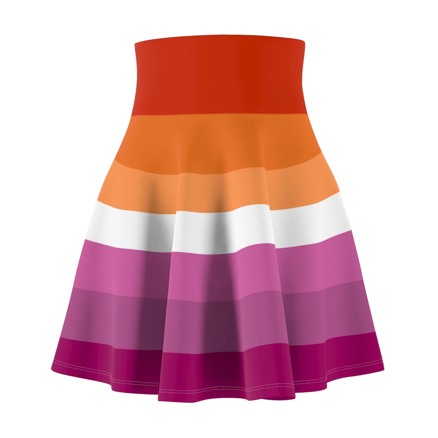 Introducing the Lesbian Pride Flag Skater Skirt from Printify, a high-waisted, flared design adorned with horizontal color bands in vibrant shades of red, orange, white, and pink. Crafted from smooth and flowing fabric and displayed against a plain white backdrop, this skirt proudly celebrates the vibrant hues of the lesbian pride flag from a queer-owned business.