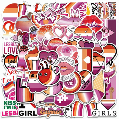 Lesbian pride flag stickers bulk lot, cheap. Sapphic WLW stickers. Lipstick lesbian, Kiss me I'm a Lesbian, Gaymer, I Love Girls, Lesbian Love, Love is Love, two female symbols, gay, uhaul.