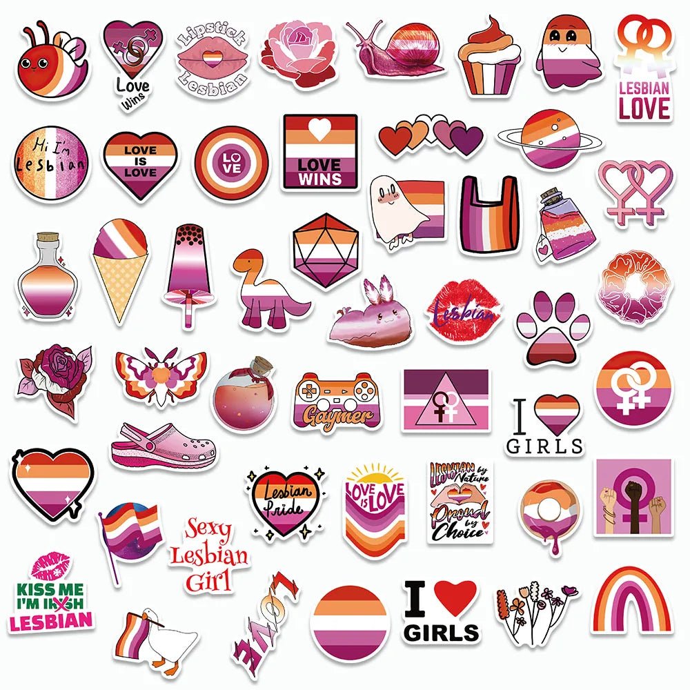 Lipstick lesbian, love wins, rose, smail, cupcake, ghost, lesbian love, Hi I'm Lesbian, planet, potion, icecream, dinosaur, gaymer, I heart girls, Lesbian Pride, Sexy lesbian girl stickers. Bulk discount lesbian stickers