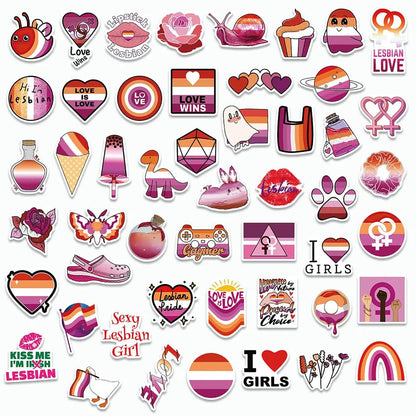 Lipstick lesbian, love wins, rose, smail, cupcake, ghost, lesbian love, Hi I'm Lesbian, planet, potion, icecream, dinosaur, gaymer, I heart girls, Lesbian Pride, Sexy lesbian girl stickers. Bulk discount lesbian stickers