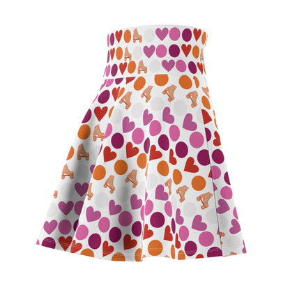 Introducing the "Subtle Lesbian Pride Flag Polka Dot Skater Skirt" – a stylish, high-waisted design adorned with a vibrant pattern of alternating pink, purple, and orange hearts and small roller skate images on a white background. This flared, A-line skirt beautifully captures the essence of the lesbian pride flag.