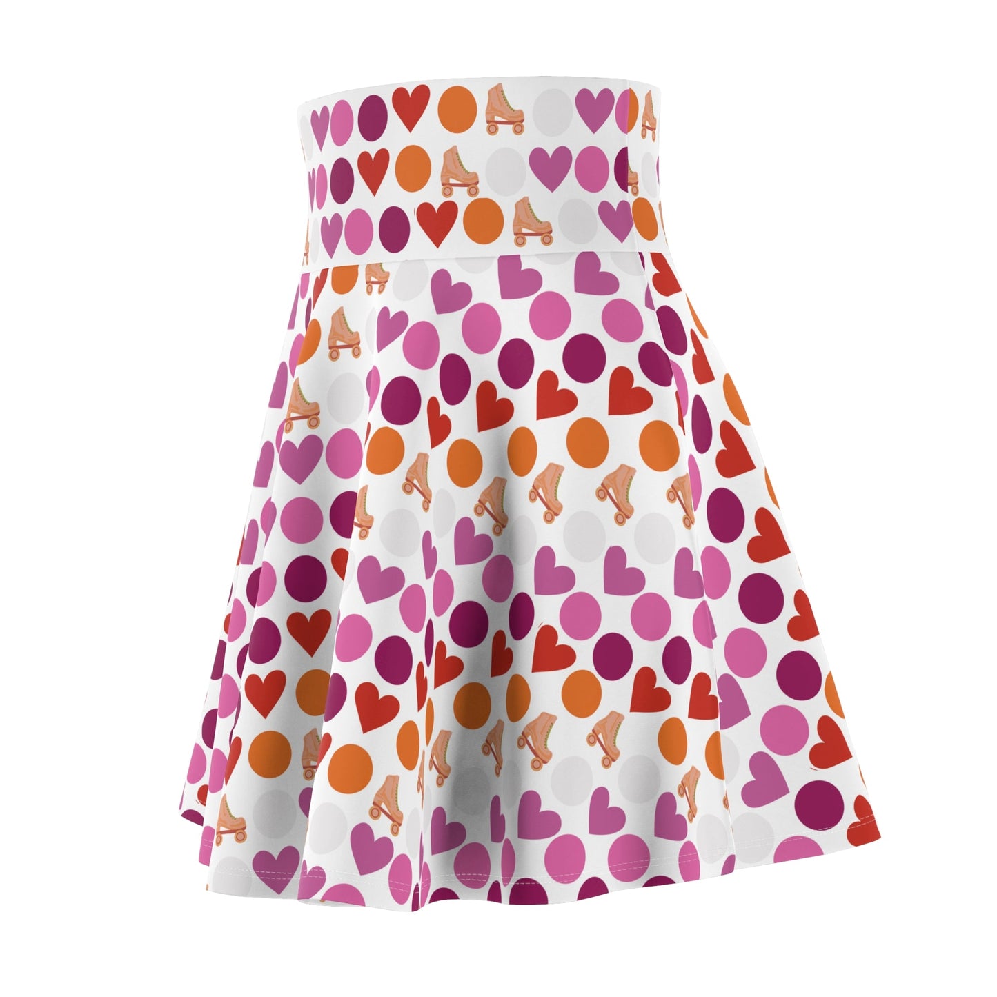 Introducing the "Subtle Lesbian Pride Flag Polka Dot Skater Skirt" – a stylish, high-waisted design adorned with a vibrant pattern of alternating pink, purple, and orange hearts and small roller skate images on a white background. This flared, A-line skirt beautifully captures the essence of the lesbian pride flag.