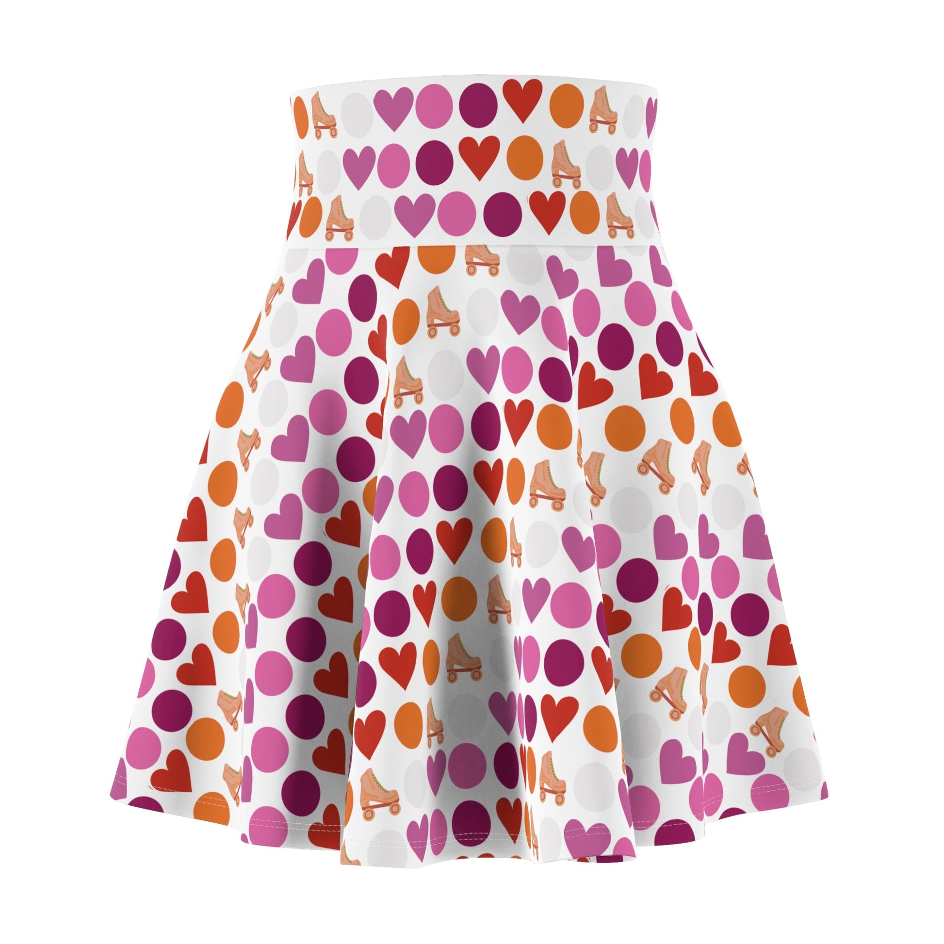 A high-waisted Printify skater skirt featuring a subtle pride flag design with polka dots and vibrant hearts in purple, orange, and pink on a white background.