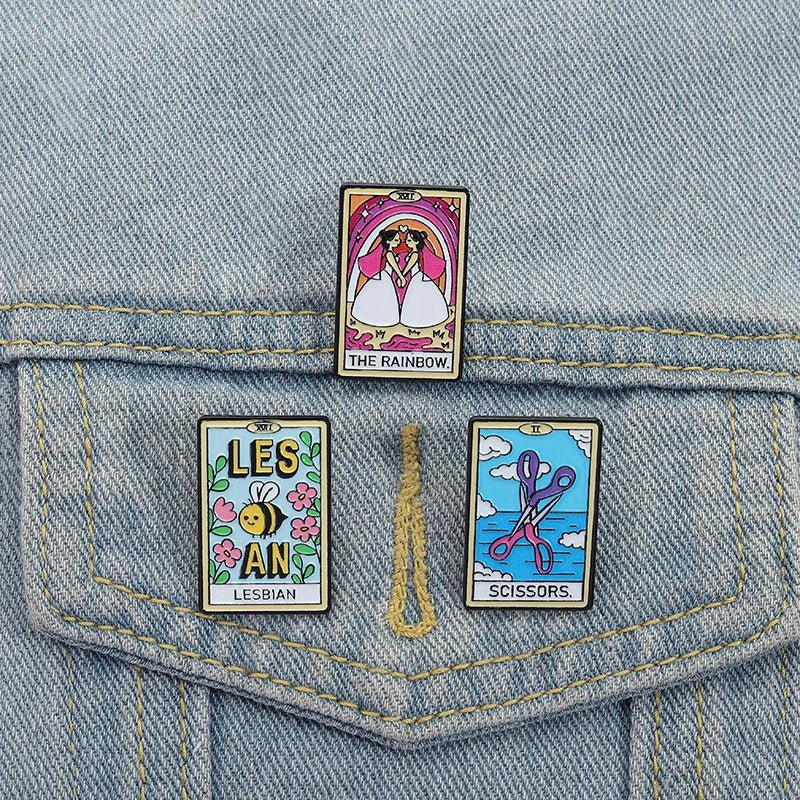 Lesbian Gay Pride Tarot Card Enamel Pins The Rainbow Girls Lesbian Bee Scissors Brooch Lapel Badge Jewelry Gift Lovers Friends