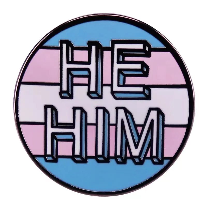 He/Him trans flag badge gold