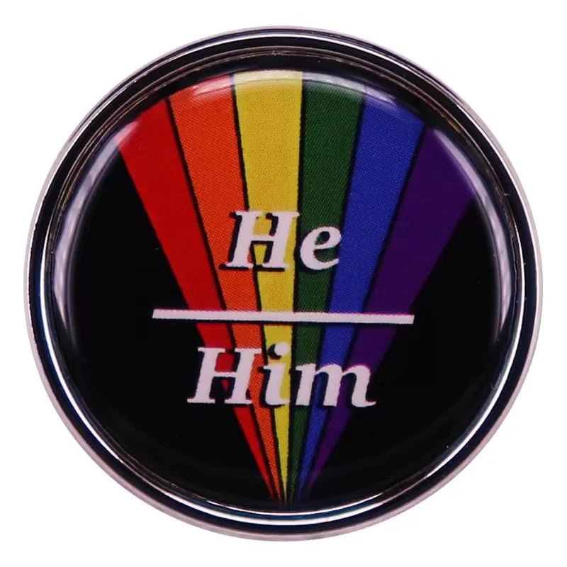 He Him rainbow pronoun badge