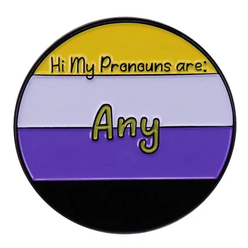 Hi My Pronouns are: Any, non-binary pride flag badge