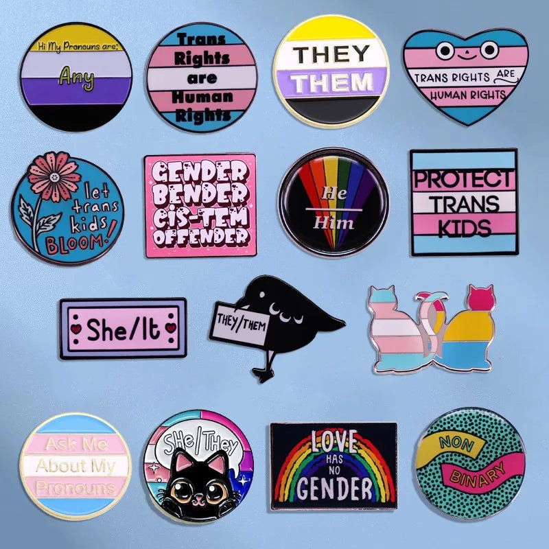 Pronoun pins, rainbow pride, ally, trans pride badges