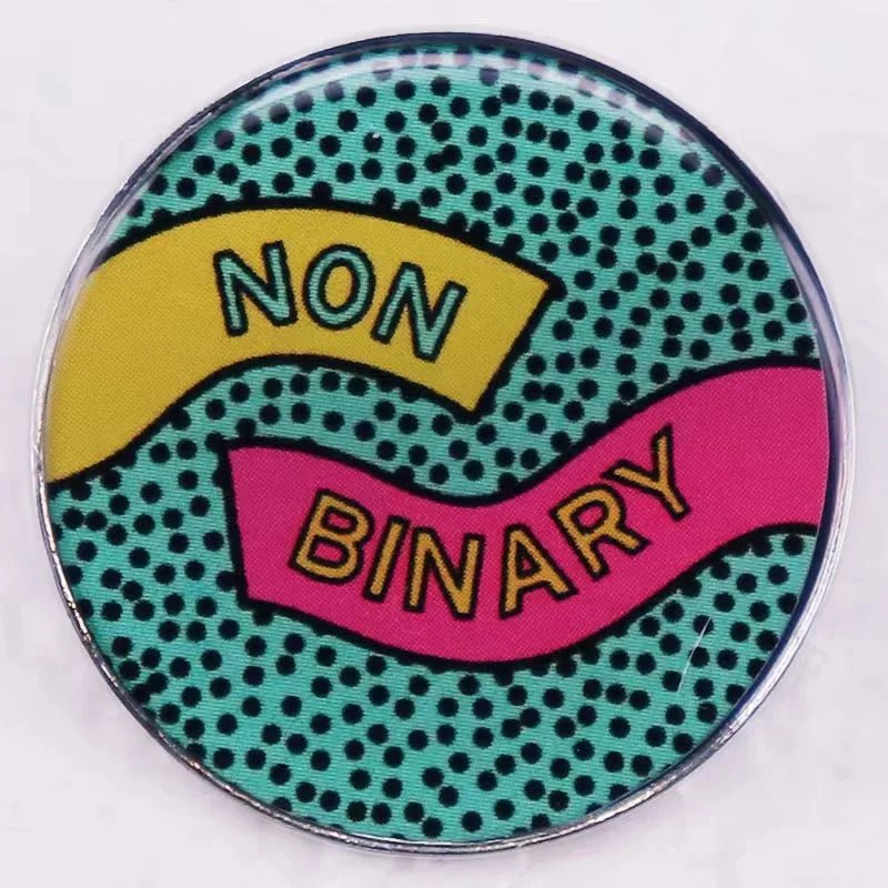 Non-Binary badge: green, yellow and pink pin