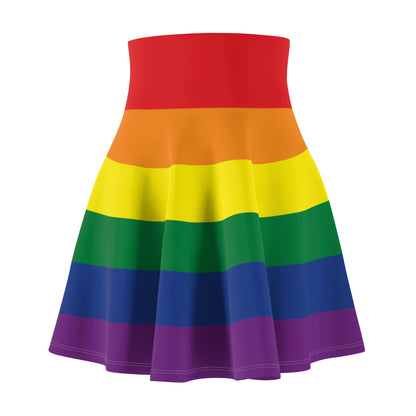 The LGBTIQ Rainbow Pride flag Skater Skirt by Printify features vibrant horizontal stripes from red to purple, echoing the essence of the Rainbow Pride flag. Designed with a flared silhouette and high waistband, this piece celebrates diversity and originates from a trans and queer owned business.