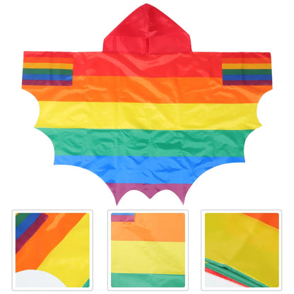 A vividly colored LGBTIQAP+ rainbow pride hooded winged cape by Gay Skate, perfect for a pride event, showcases a bat-wing shape with dazzling rainbow stripes. The hood and wings are adorned with extra rainbow details. Insets provide close-up views of the fabric's vibrant hues and intricate details, embodying the essence of an LGBTQ+ pride celebration.