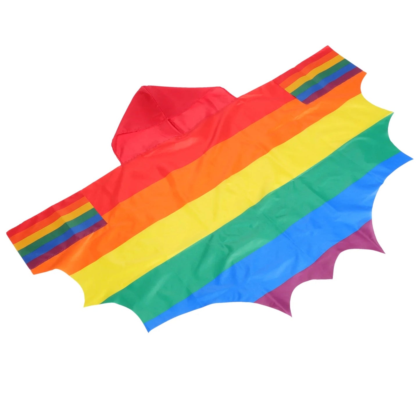 The LGBTIQAP+ Rainbow Pride Hooded Winged Cape by Gay Skate is an ideal choice for any pride event. It showcases bold rainbow stripes, small wing-like flags on each side, and a zigzag edge that gives this colorful piece an extra touch of flair while celebrating LGBTQ+ pride.