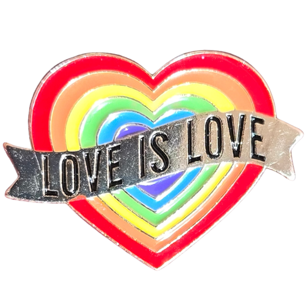 Heart-shaped rainbow pin with 'LOVE IS LOVE' text in gold for lgbt pride