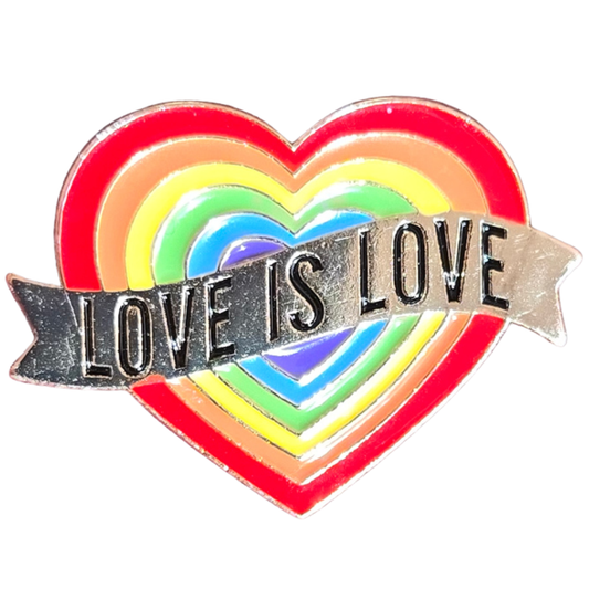 Heart-shaped rainbow pin with 'LOVE IS LOVE' text in gold for lgbt pride