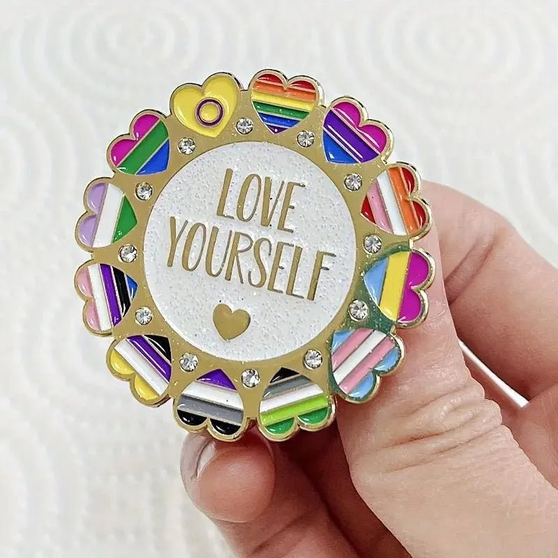 Love Yourself - ultra pride ally enamel pin featuring diamantes and 12 pride flag love hearts: rainbow, bisexual, lesbian, transgender, aromantic, asexual, non-binary, omnisexual, genderqueer, pansexual, intersex