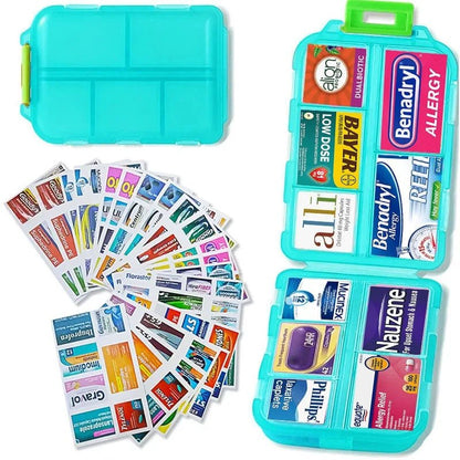 Blue teal aqua Medication organizer with various labels 