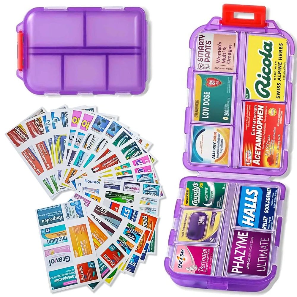 Purple pill organizer with various medication labels 