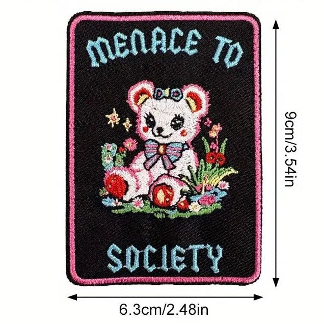Embroidered patch with a bear design and text 'Menace to Society' on a black background, with measurements indicated.