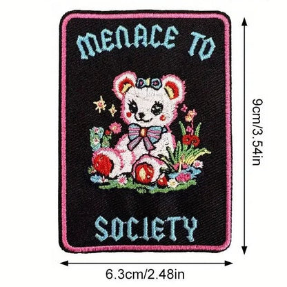 Embroidered patch with a bear design and text 'Menace to Society' on a black background, with measurements indicated.