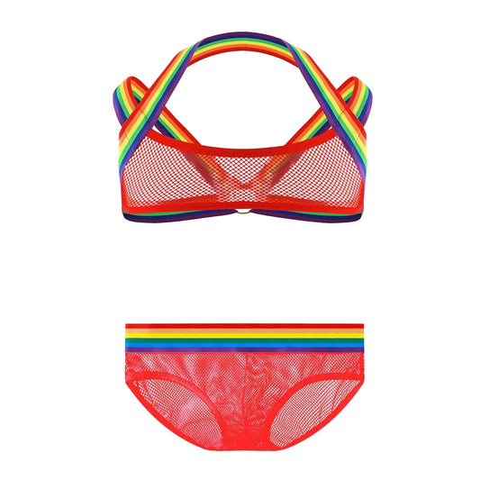 The Mesh Harness Set - Chest and Briefs features a red mesh design with rainbow-strips. The top includes chest harness cross straps, while the bottoms offer a sheer look with a matching rainbow waistband, perfect for pride events. Sexy gay Chest Harness showcases a vibrant rainbow design, embodying the spirit of queer pride. Leather pride, Fetish, BDSM, Mardi Gras Outifit. Sexy twink poof twank fag see-through men's lingerie