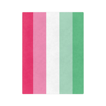 The Minky Blanket by Printify features a velveteen microfiber design representing the Abroromantic Abrosexual pride flag with vertical stripes in red, pink, white, light green, and green. This cozy and stylish piece is perfect for adding warmth and comfort to your winter decor.