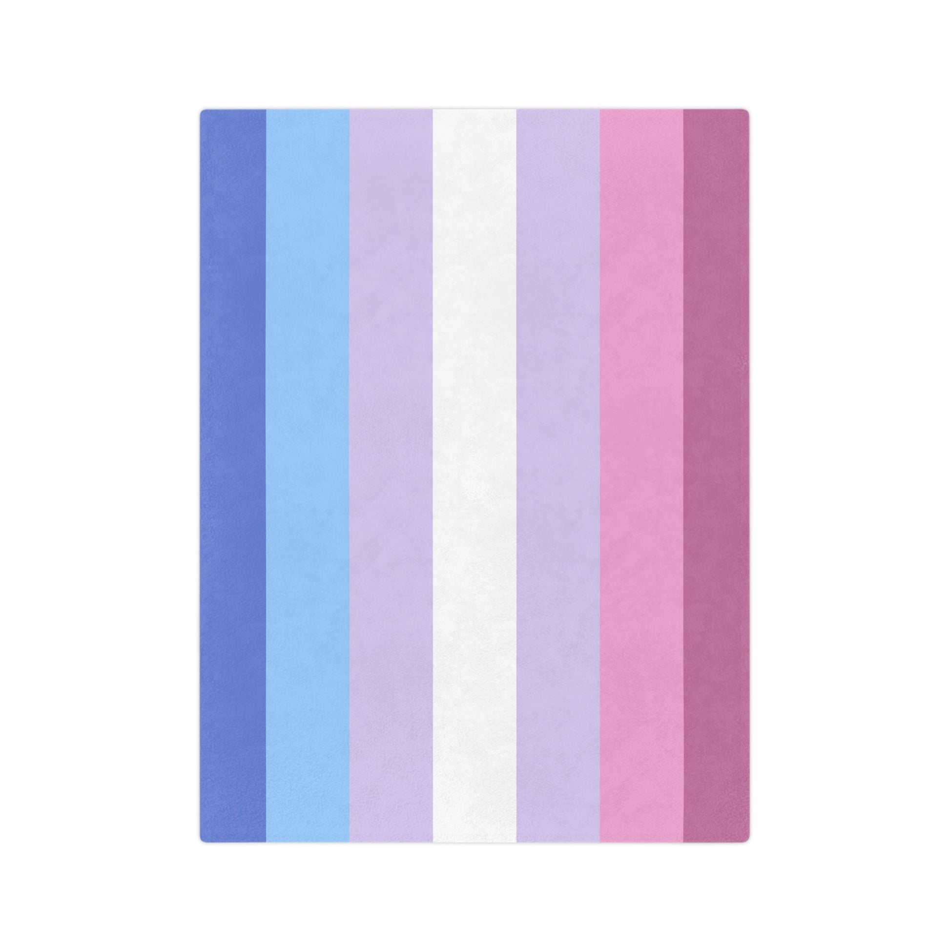 The Printify Minky Blanket Bigender Pride Flag, crafted from velveteen microfiber, features vertical stripes of dark blue, light blue, light purple, white, light pink, darker pink, and dark purple. Perfect for celebrating trans and queer-owned businesses this winter with cozy warmth.