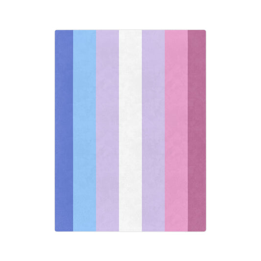 The Printify Minky Blanket Bigender Pride Flag, crafted from velveteen microfiber, features vertical stripes of dark blue, light blue, light purple, white, light pink, darker pink, and dark purple. Perfect for celebrating trans and queer-owned businesses this winter with cozy warmth.