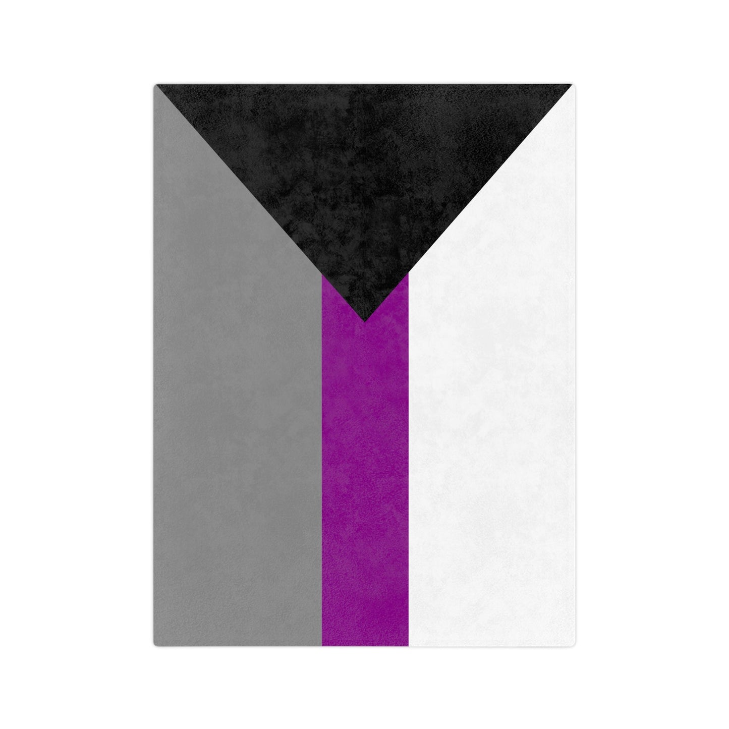 The Minky Blanket Demisexual Pride Flag by Printify, made from velveteen microfiber, showcases a design with five vertical stripes in black, gray, white, and purple from left to right with a top black chevron. Enjoy cozy winter decor while celebrating agender pride in this super-soft fleece blanket.